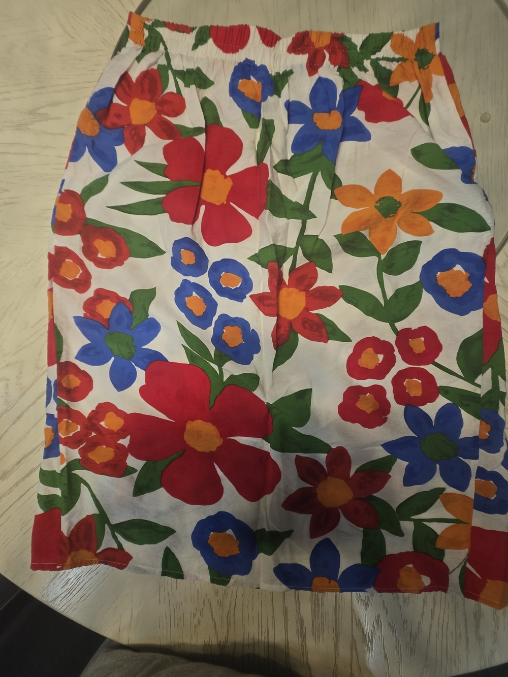 Skies Are Blue White Midi Skirt with Red, Blue, Orange & Green Floral Print
